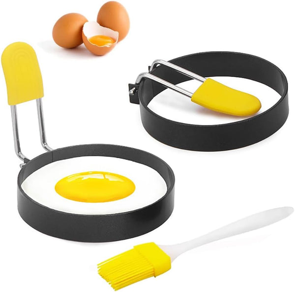 ZALALOVA Egg Ring for Frying Eggs and Egg Mcmuffins Set of 2 with Anti-scald Handle, Round Ring Mold Shaper for English Muffins, Carbon Steel Non-stick Egg Cooker Ring 3" with Silicone Oil Brush