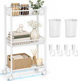 TAYAPURA 3 Tier Slim Storage Cart with Wheels, Metal Narrow 6.7" Wide, Bathroom Organizer Rolling Utility Cart with Cups&Hook, Fit Office, Kitchen, Laundry Room, White