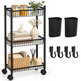 TAYAPURA 3 Tier Slim Storage Cart with Wheels, Metal Narrow 6.7" Wide, Bathroom Organizer Rolling Utility Cart with Cups&Hook, Fit Office, Kitchen, Laundry Room, Black