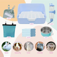 ZALALOVA Rabbit Litter Box Trainer with Hay Feeder Hanging Bowls Water Dispenser for Cage Drawer Pan Litter Bedding Small Animal Pet Toilet Bunny Guinea Pigs Chinchilla Ferret Small Animals Blue