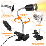Tayapura Reptile Heat Lamp with Clamp, UVA UVB Turtle Basking Light, Timer & Dimming, 360° Rotatable for Bearded Dragon/Lizard/Snake/Amphibians, 2 Bulbs 50W