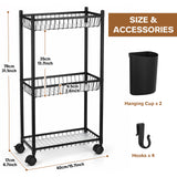 TAYAPURA 3 Tier Slim Storage Cart with Wheels, Metal Narrow 6.7" Wide, Bathroom Organizer Rolling Utility Cart with Cups&Hook, Fit Office, Kitchen, Laundry Room, Black