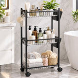 TAYAPURA 3 Tier Slim Storage Cart with Wheels, Metal Narrow 6.7" Wide, Bathroom Organizer Rolling Utility Cart with Cups&Hook, Fit Office, Kitchen, Laundry Room, Black