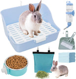 ZALALOVA Rabbit Litter Box Trainer with Hay Feeder Hanging Bowls Water Dispenser for Cage Drawer Pan Litter Bedding Small Animal Pet Toilet Bunny Guinea Pigs Chinchilla Ferret Small Animals Blue