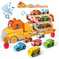 PETUOL Toddler Toys for 2 3 4 5 Years Old Kids, Transport Car Carrier Truck Toy with 6 Wooden Vehicle, 30in Foldable Track Trailer with Light & Sound Effects, Best Gift Choice for Christmas, Birthday