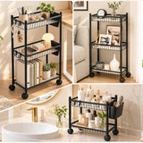 TAYAPURA 3 Tier Slim Storage Cart with Wheels, Metal Narrow 6.7" Wide, Bathroom Organizer Rolling Utility Cart with Cups&Hook, Fit Office, Kitchen, Laundry Room, Black
